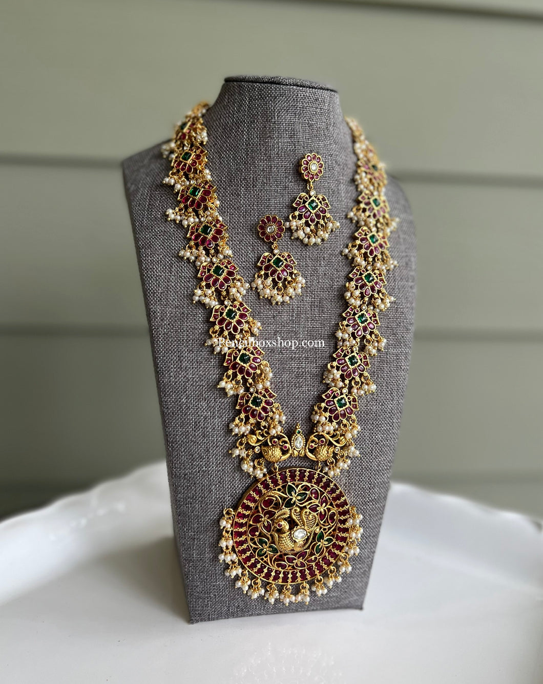 Long Guttapusalu Peacock Haram Real Kemp Stone Multicolor cz kemp Stone Necklace set temple jewelry