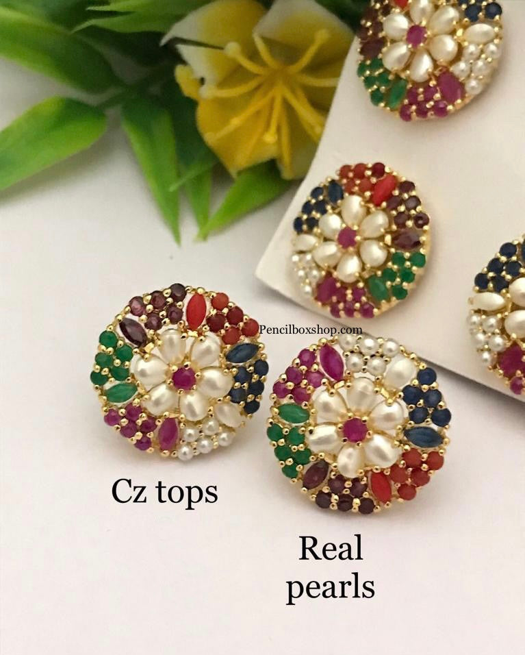 Real pearl American diamond Premium Stud Earrings