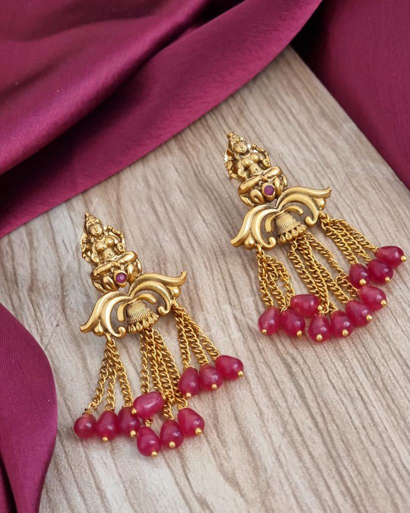 Lakshmi ji Golden matte finish red beads Tassel Earrings