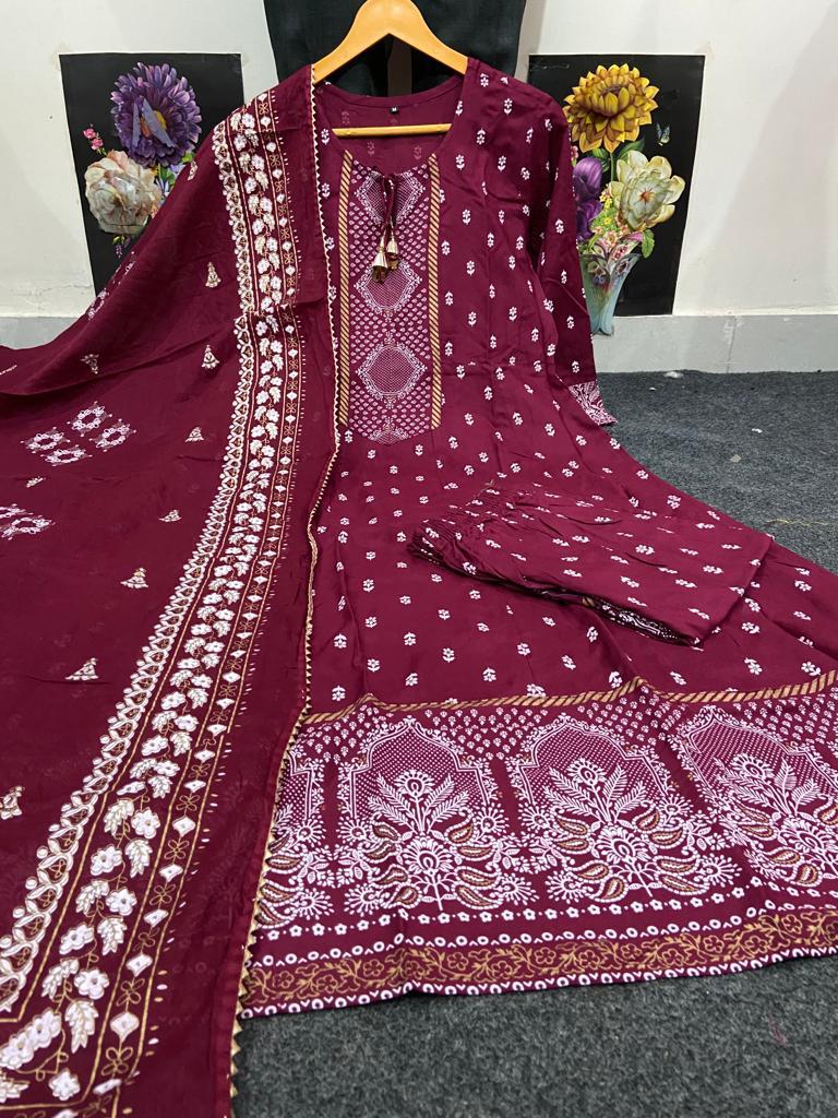 3 pc maroon rayon anarkali dress women clothing
