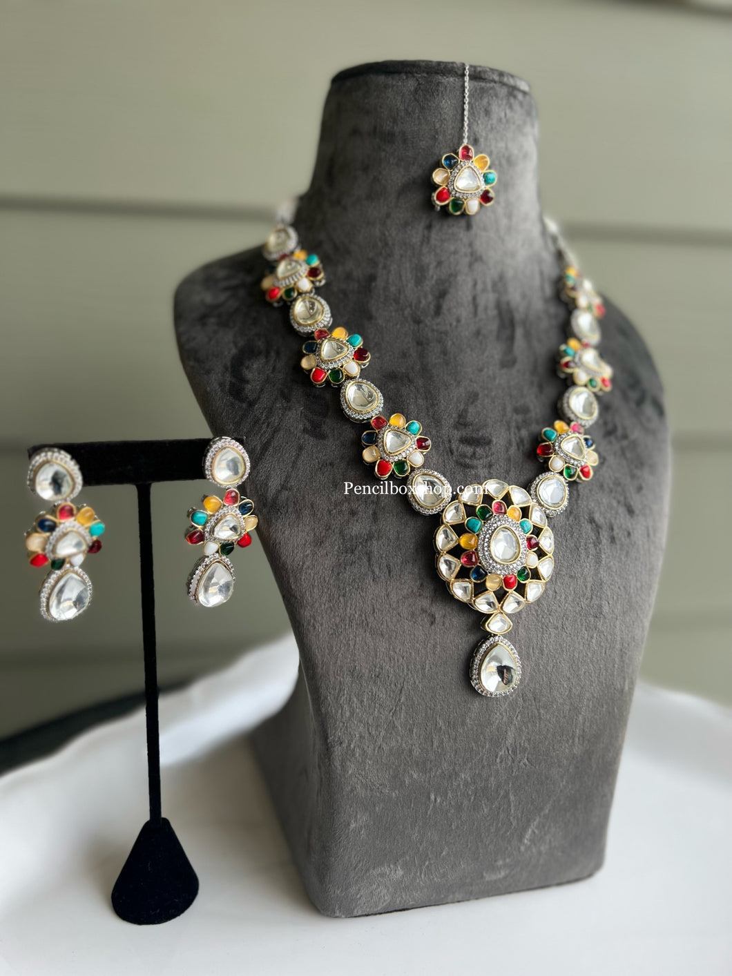 Uncut Kundan Navratna Premium Multicolor Designer Statement Necklace set with Maangtikka