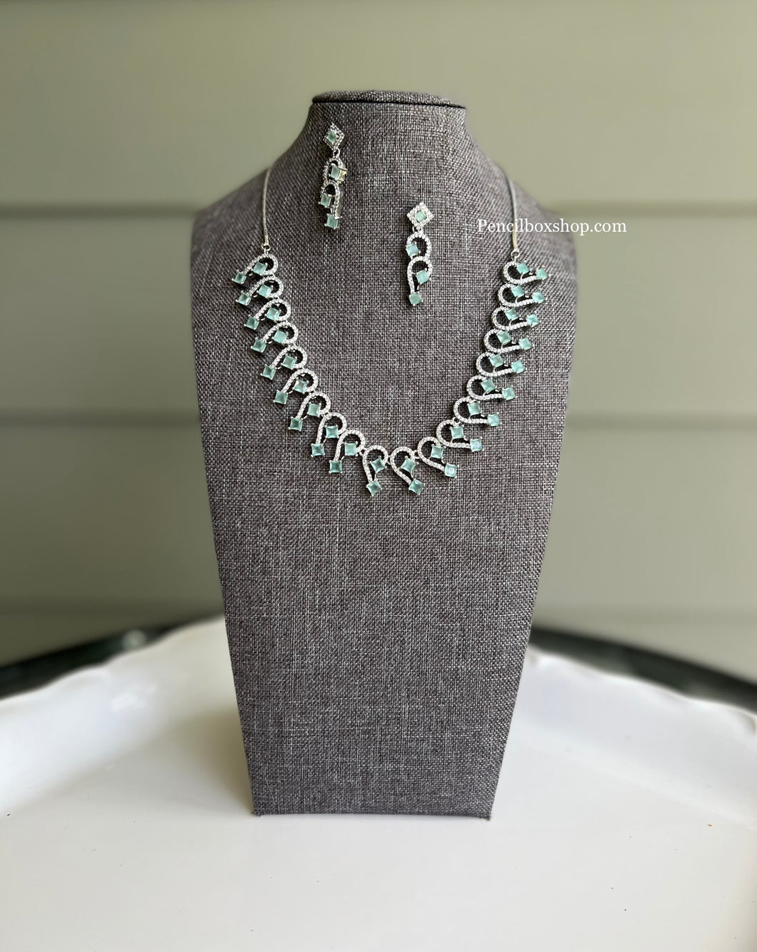 Silver Mint Dainty Simple American Diamond Necklace set