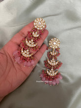 Load image into Gallery viewer, Designer Statement Layered Silver Foiled kundan Pink earrings
