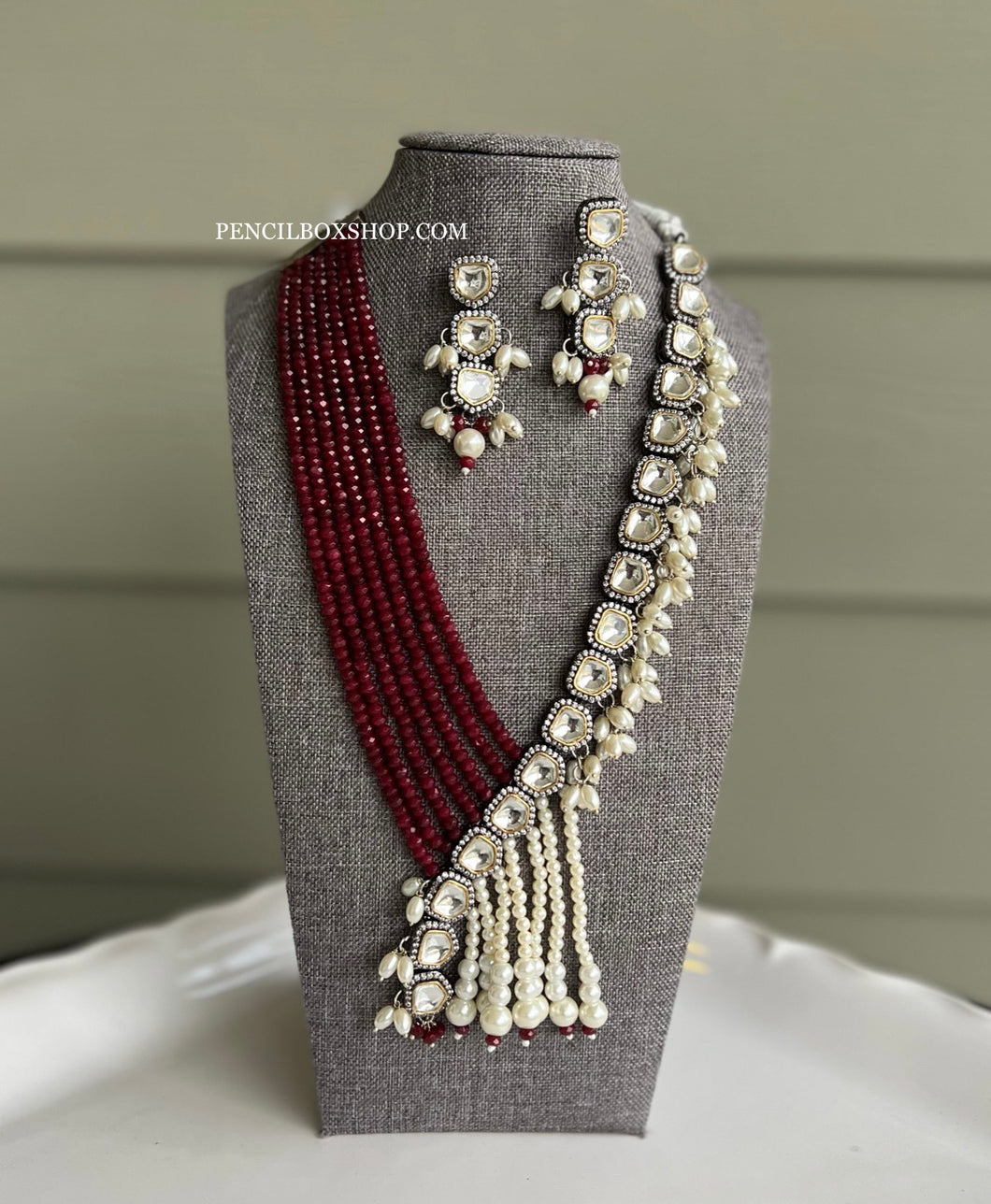 Ruby White Kundan Half n half Rice Pearls Designer Necklace set