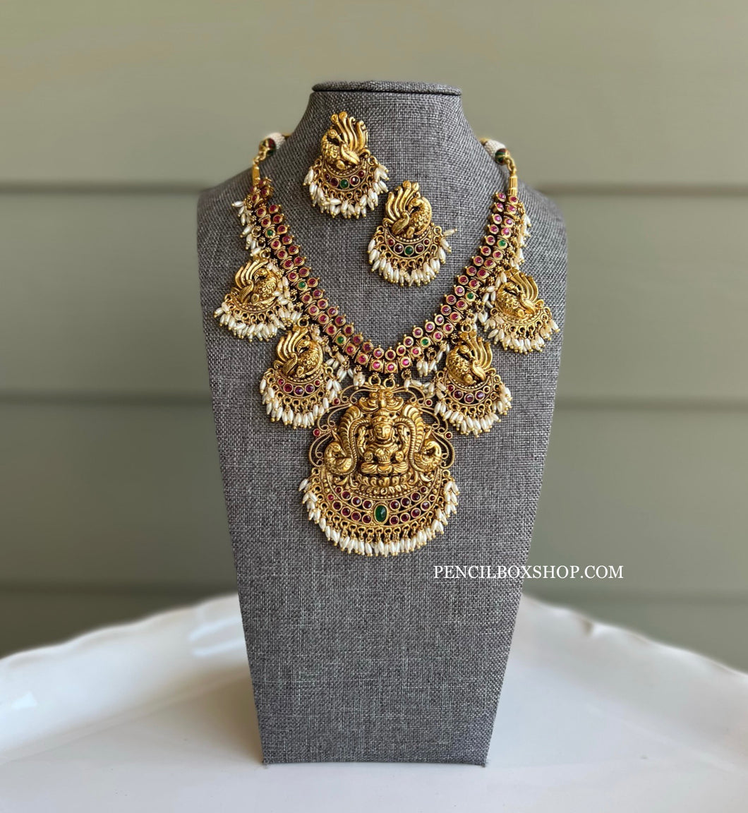 Lakshmi ji peacock Guttapusalu Rice Pearls multicolor Real Kemp Stone Golden beads Temple Necklace Jewelry
