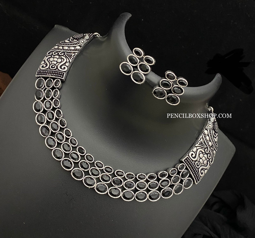 German silver three layered sleek stone necklace set