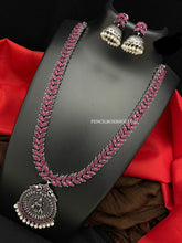 Load image into Gallery viewer, German silver Long Lakshmi ji Jhumka design necklace set
