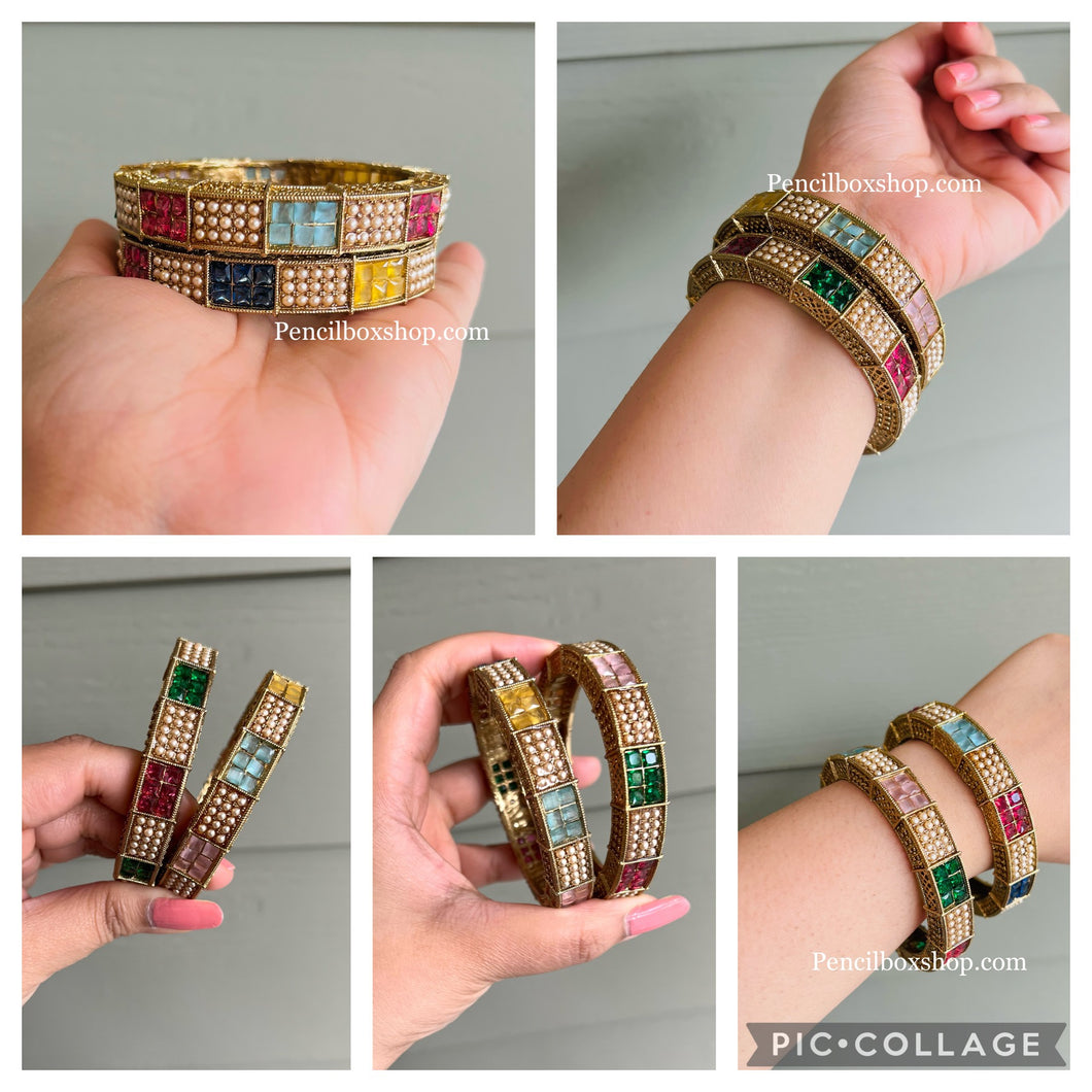 Multicolor Pearl Polki Bronze Pair of bangles Statement Piece