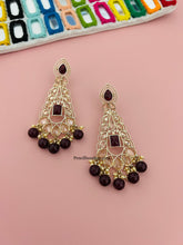 Load image into Gallery viewer, Polki Long Dangling Statement Light Weight Earrings with hanging beads
