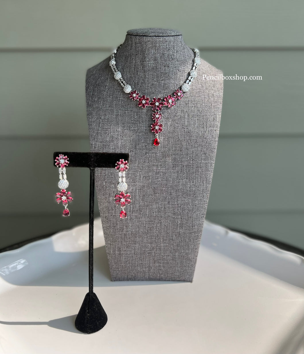 Pink Silver finish  American Diamond Simple   Necklace set