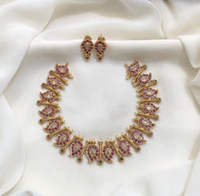 Load image into Gallery viewer, Multicolor Mango shape Matte finish kemp stone pearl  Necklace set  temple jewelry
