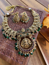 Load image into Gallery viewer, Lakshmi Ji Peacock Real Kemp Stone Multicolor cz kemp Stone Necklace set temple jewelry
