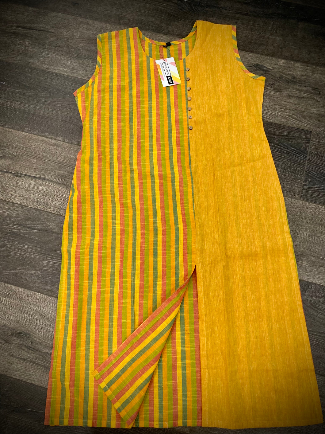 Yellow Cotton Straight Kurti half n half stripe indian dress