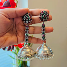 Load image into Gallery viewer, Long German Silver Lotus hanging Drop Earrings
