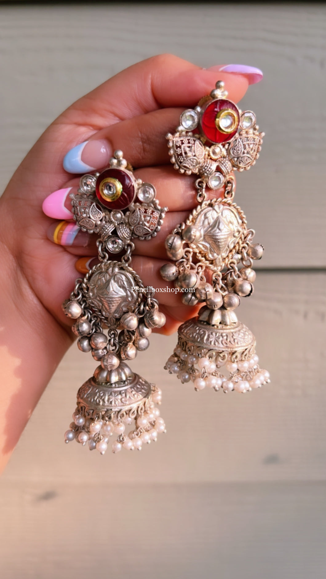 92.5 silver coated Carved Ruby Stone Kundan Ghunghroo Pearl Earrings
