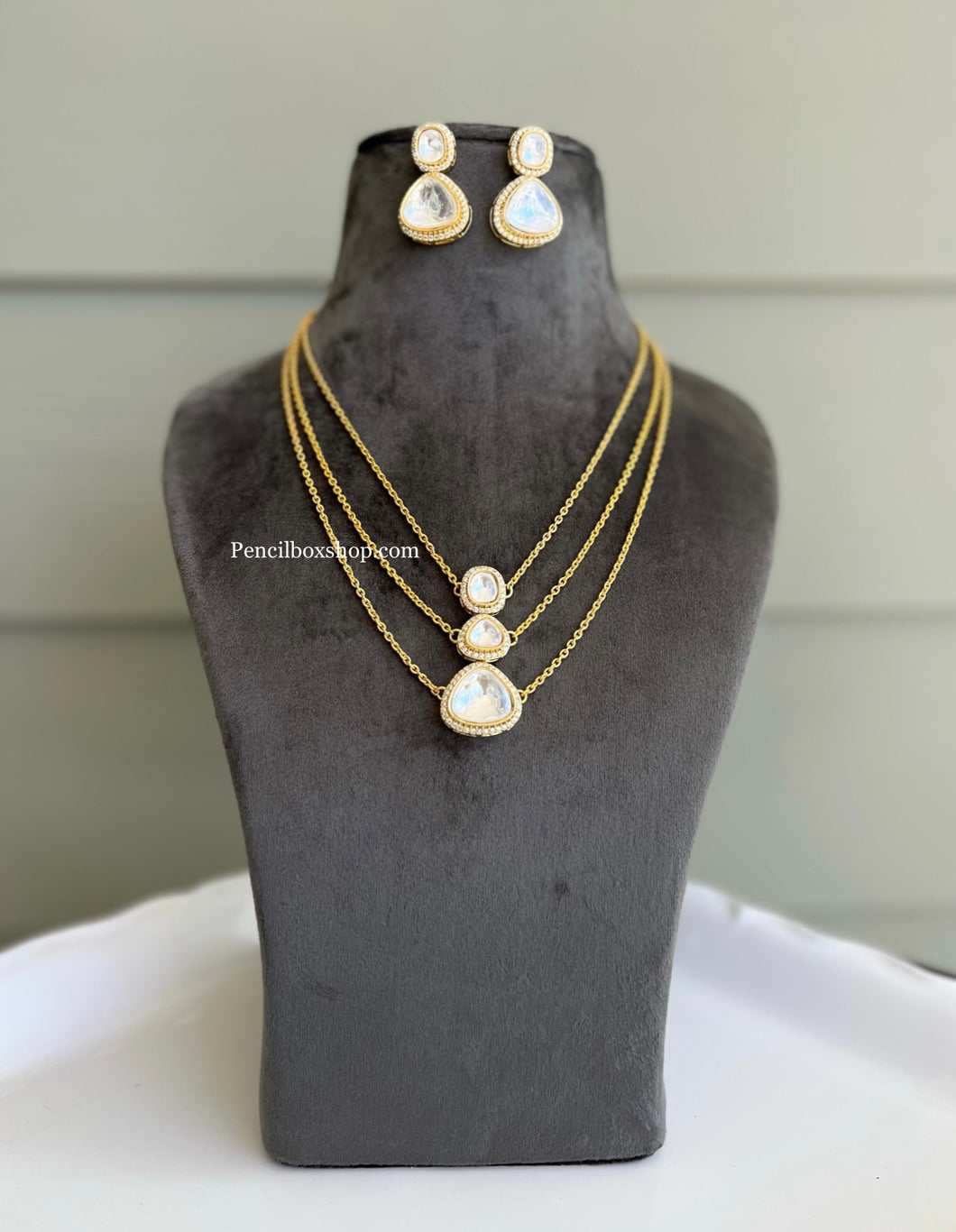 22 carat Gold plated moissanite Stone Three Stone Layered Necklace set