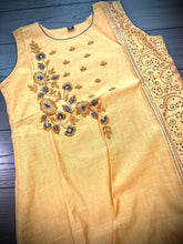 Load image into Gallery viewer, 3 pieces Mustard Golden Grey Embroidery Half n half print Chanderi  Straight suit 40 size

