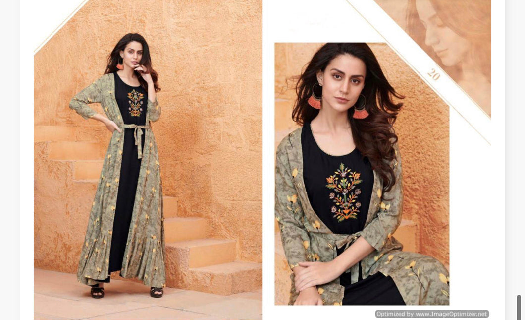 2 pc black Grey Orange flower Long gown with detachable Jacket Rayon women clothing