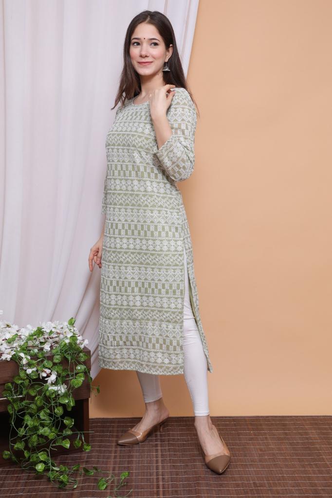Olive Green chicken kari soft cotton straight kurta women clothing
