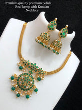 Load image into Gallery viewer, Real Kemp Stone With Kundan Temple Necklace set Premium Quality
