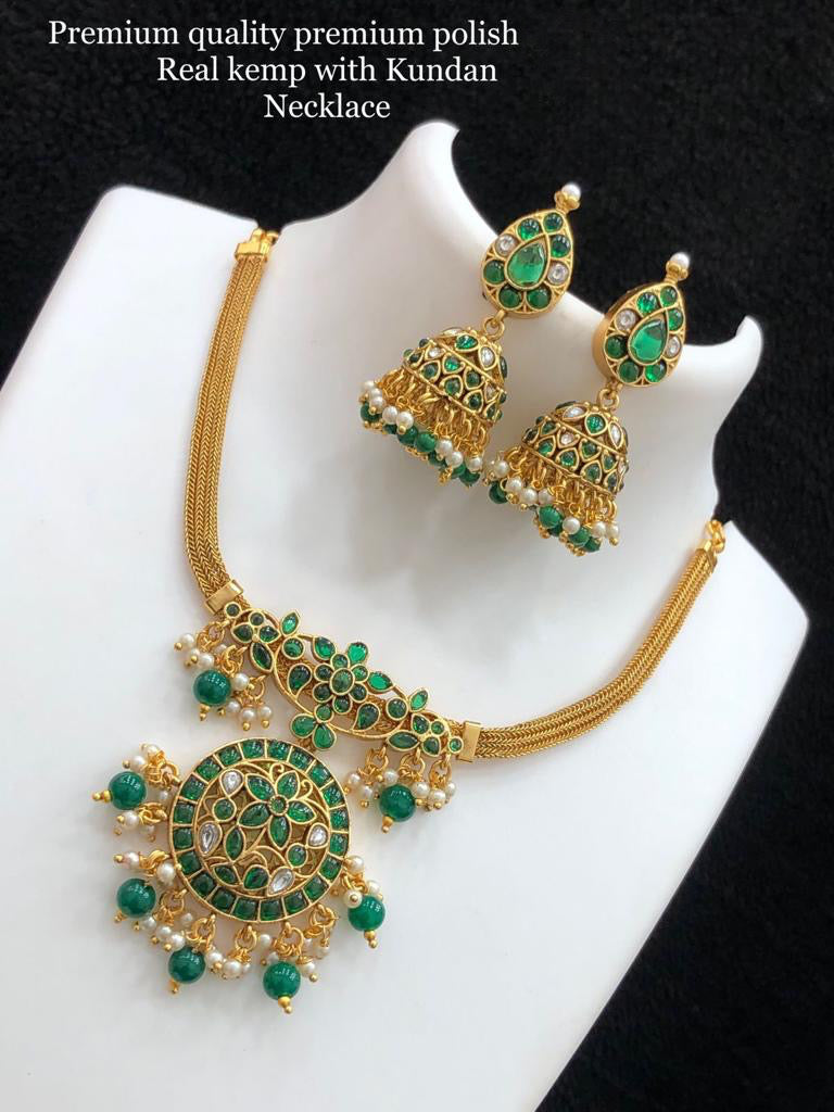 Real Kemp Stone With Kundan Temple Necklace set Premium Quality