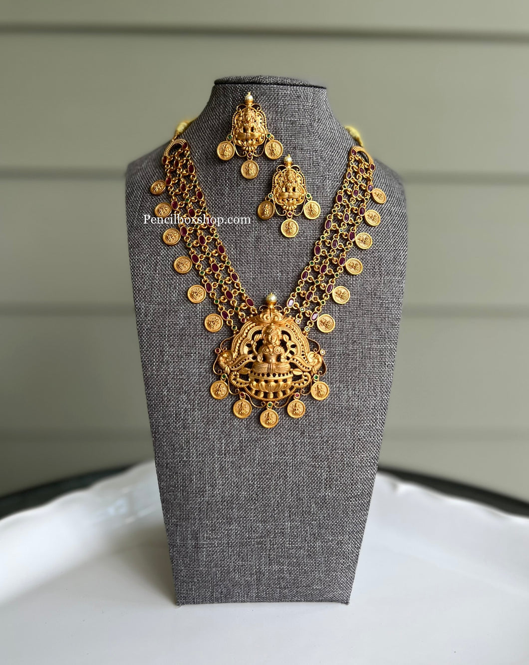 Multicolor Net work Golden matte finish Lakshmi ji coin necklace set
