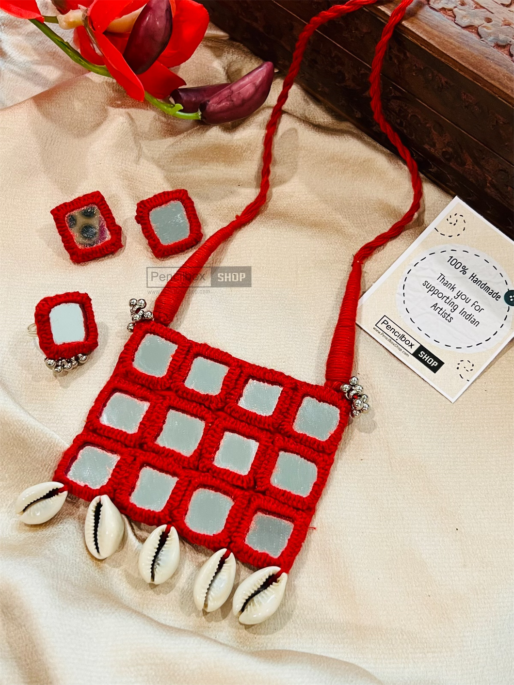 Ishqana Handmade Mirror Red Shell Necklace set with ring