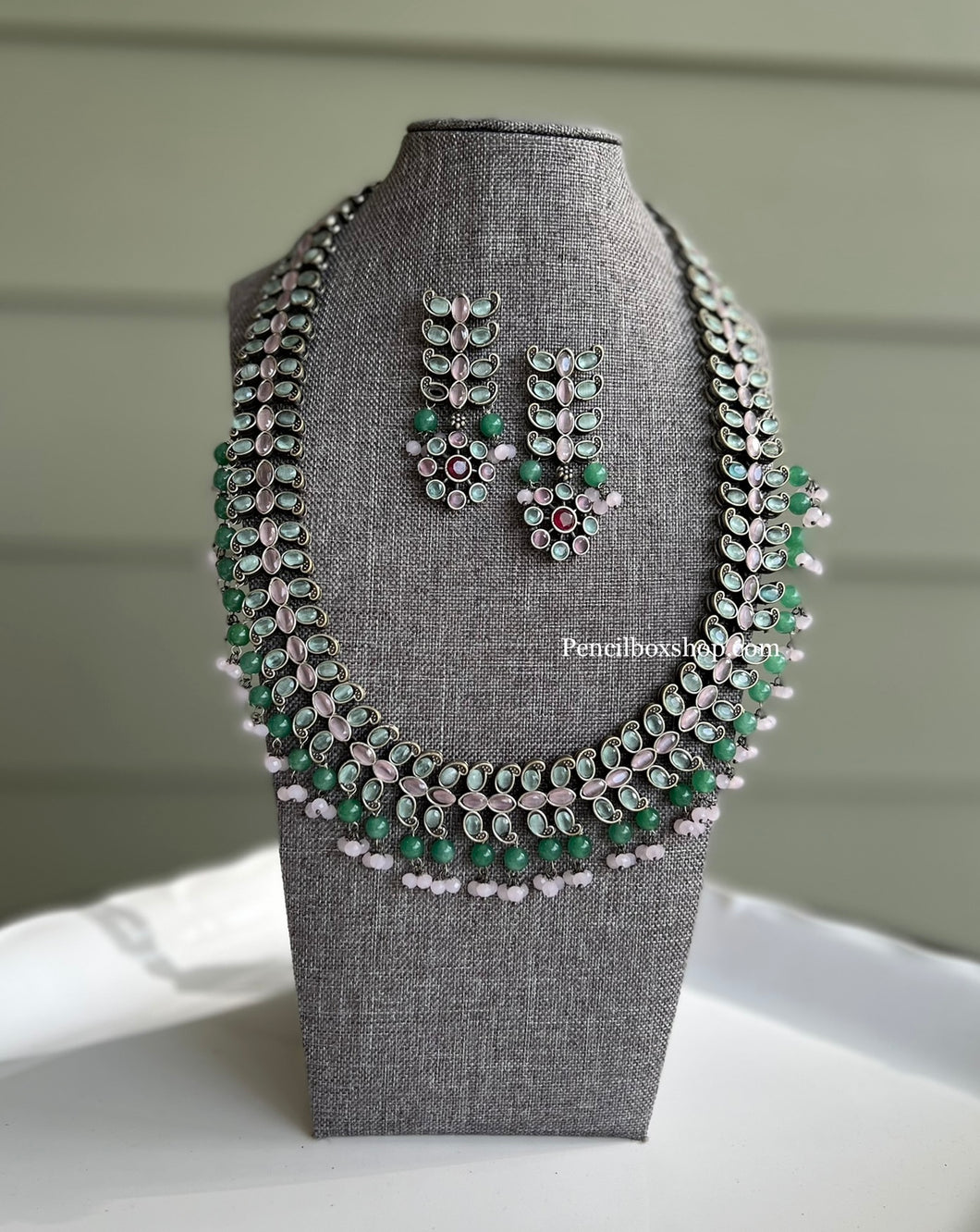 German Silver Mint Pink Long Short Wide Necklace Set