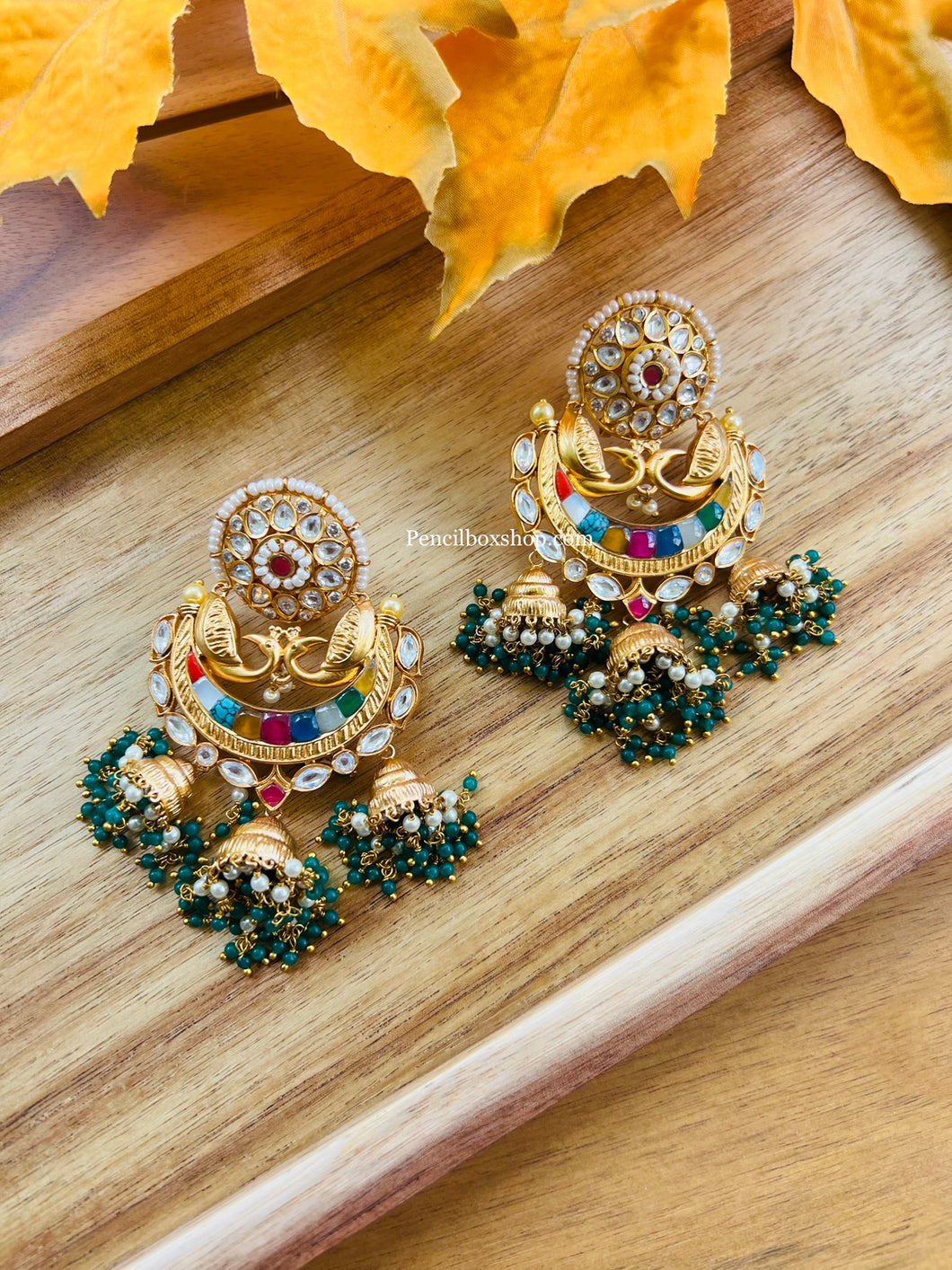 Peacock Amrapali Navratna Kundan Silver foiled Brass Earrings with three jhumkas