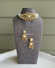 Load image into Gallery viewer, American diamond Pearl jadau Beads Multicolor stone Choker  Necklace set
