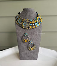 Load image into Gallery viewer, German Silver Statement Glass Stone double design Necklace set
