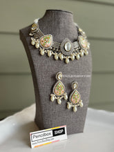 Load image into Gallery viewer, Uncut Kundan Pink Mint Meenakari Silver Foiled Necklace set
