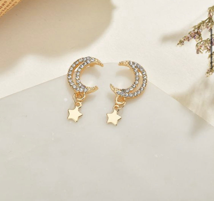 Starry Moon star stud Sterling silver earrings ,Golden earrings for women IDW