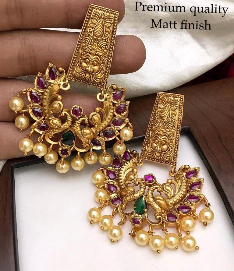 Premium quality Kemp Stone Gold matte finish Peacock Jhumka earrings