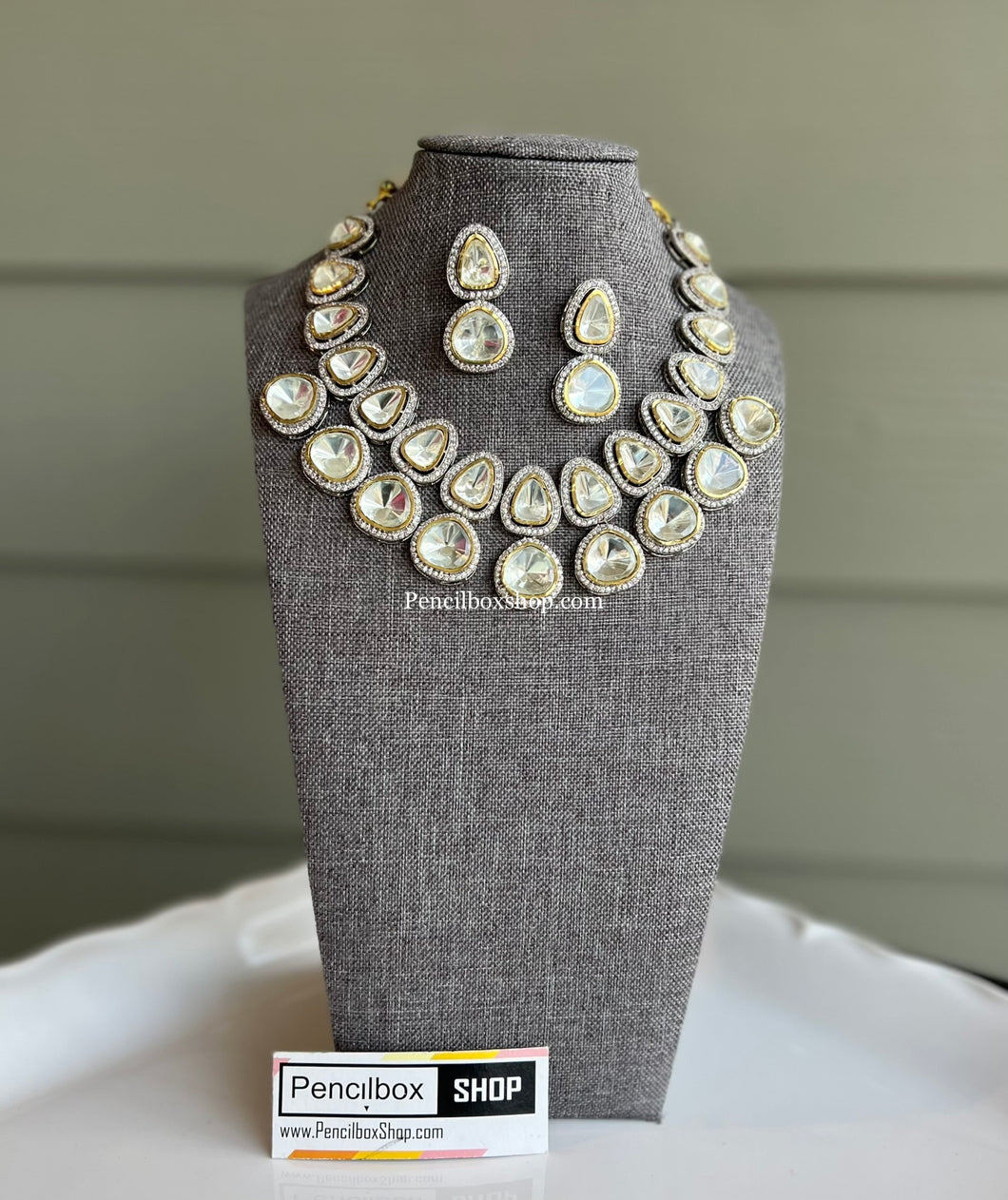 Designer Statement Uncut Kundan Cz Silver Foiled Necklace set