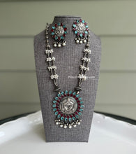 Load image into Gallery viewer, Durga ji German Silver Pearl Glass Stone Long Pendant Necklace set with studs
