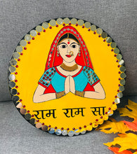 Load image into Gallery viewer, Handpainted RAM RAM SA ( Hindi) Yellow Mirror Women Wall Hanging
