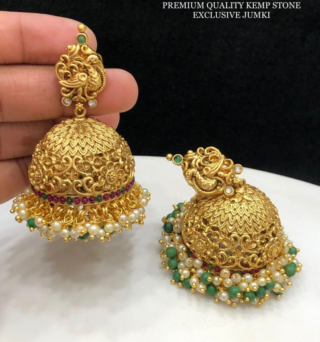 Kemp Stone Peacock Pearl Drop Hanging Drop Temple jhumka  earrings
