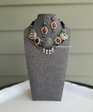 Load image into Gallery viewer, German Silver Glass Stone Ghunghroo Kundan Fusion Necklace set
