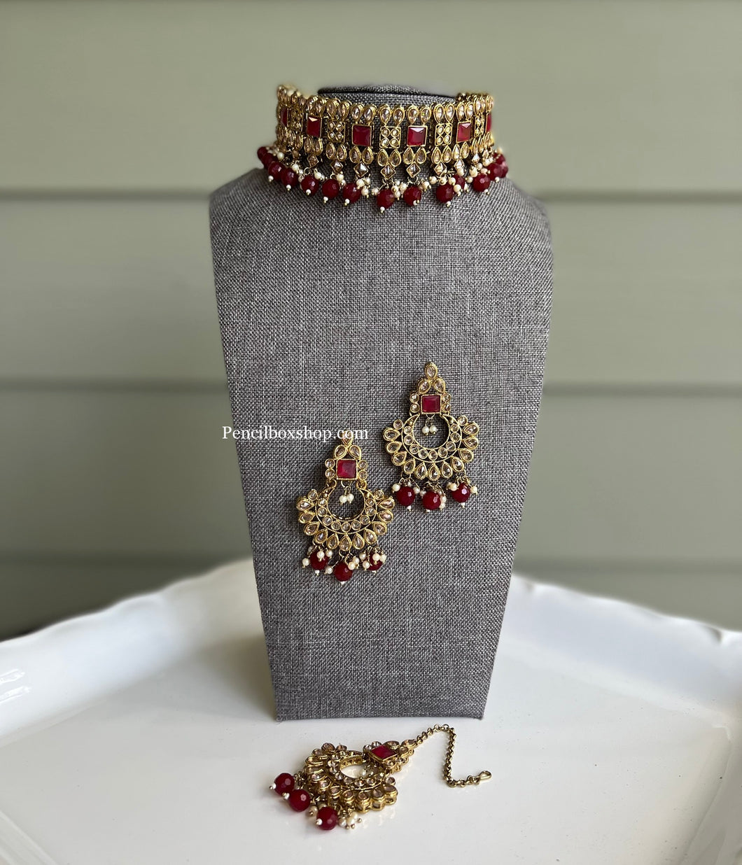 Ruby Golden Polki Pearl Choker Necklace Set with Maangtikka