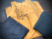 Load image into Gallery viewer, 3 pieces Mustard Golden Grey Embroidery Half n half print Chanderi  Straight suit 40 size
