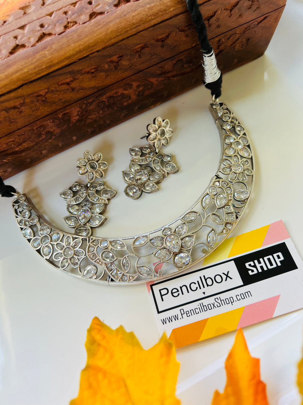 German Silver Flower  Stone Statement Necklace set