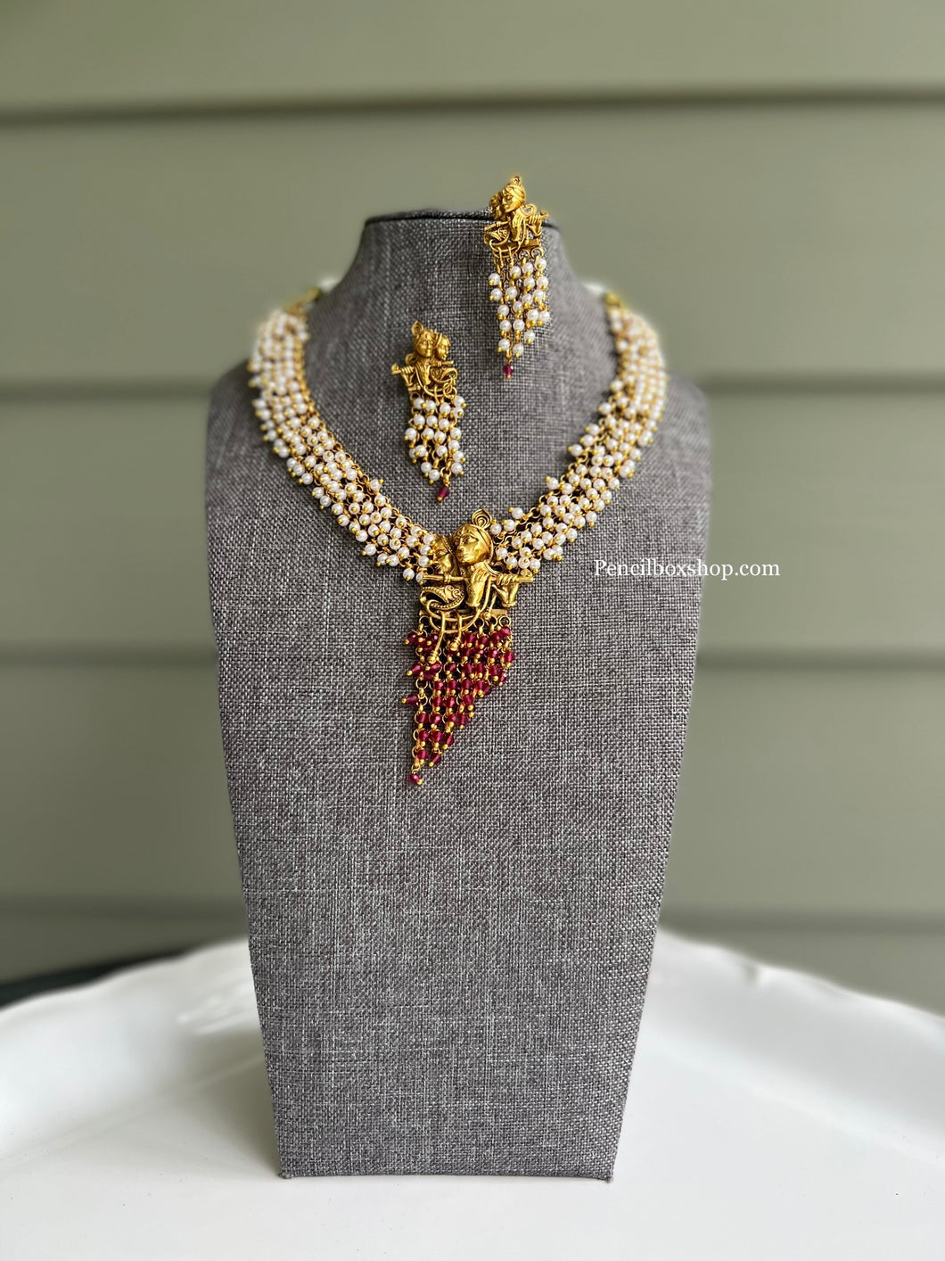 Radha Krishna Pearl White Ruby Simple Dainty Necklace set