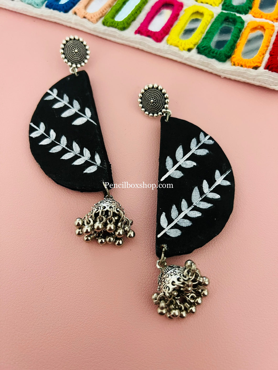 Handpainted  Black White Leaf design earrings