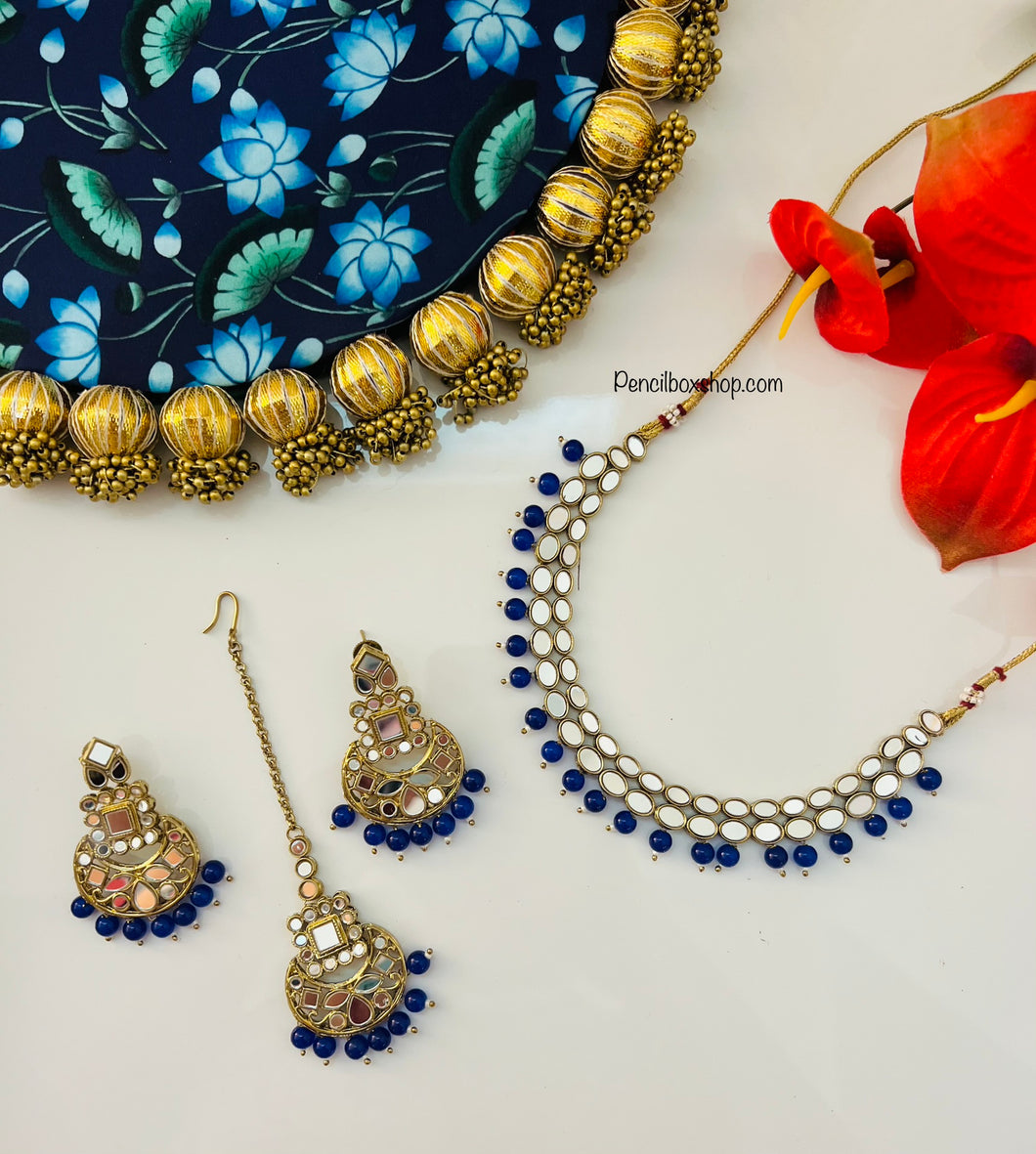 Blue Mirror necklace set with maangtikka