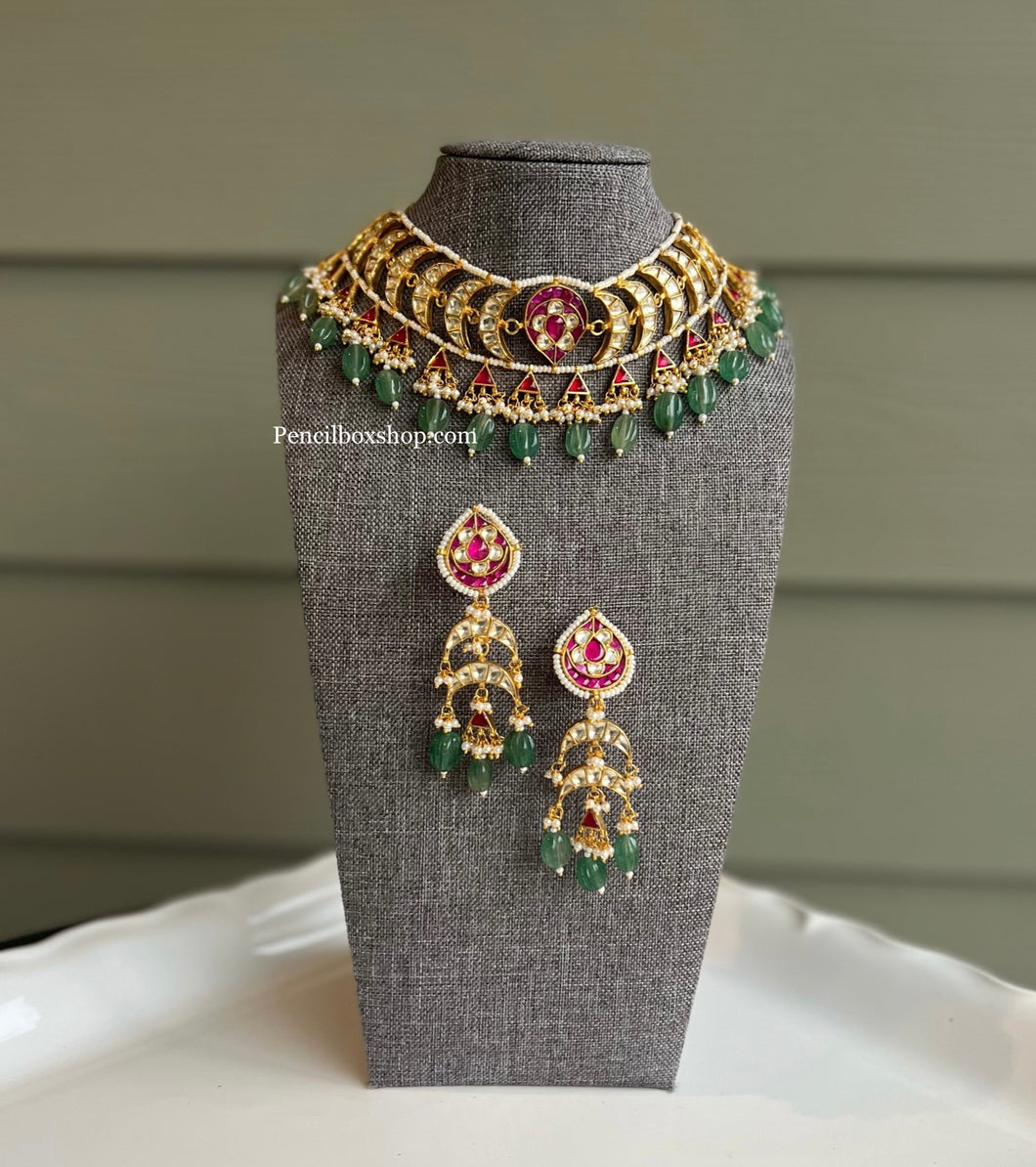 Pachi Kundan Ruby Green Multicolor Hanging beads Designer choker Necklace set