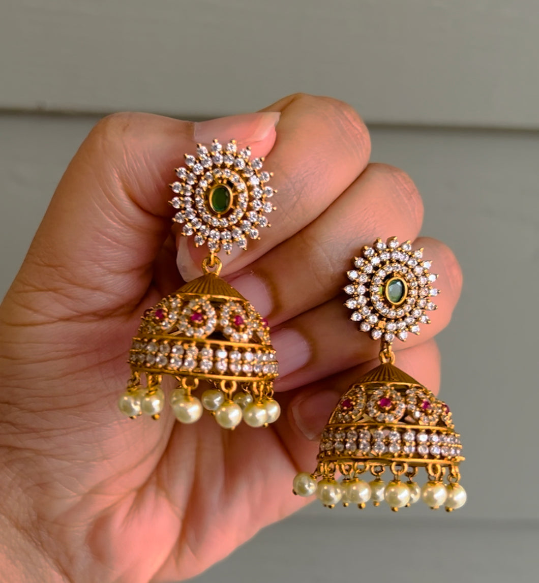 Multicolor Temple Gold Finish Stone cz Jhumka earrings