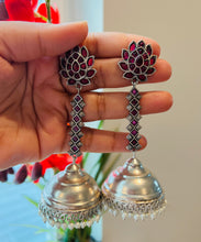Load image into Gallery viewer, Long German Silver Lotus hanging Drop Earrings
