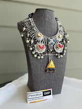 Load image into Gallery viewer, 92.5 Silver coated Pachi Kundan Fusion Dual Tone Designer statement Ghunghroo necklace

