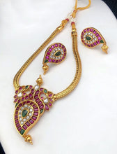 Load image into Gallery viewer, Real Jadau Kundan Kemp Stone Peacock Simple Necklace set
